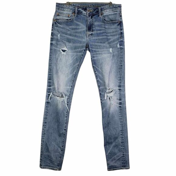 American Eagle AE Jeans Men’s Size 34x36 Light Wash Skinny Distressed - Picture 2 of 8